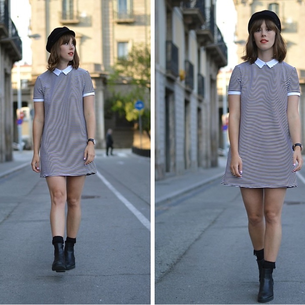 Zara Trafaluc womens striped shift dress collar size Small